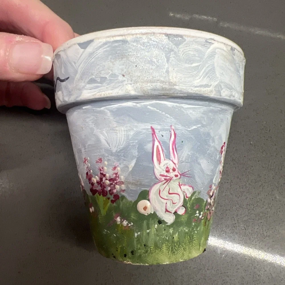 Set of 2 Small Hand Painted Plant Flower Pots With Bunnies